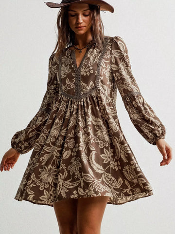 Plus Size Printed Notched Long Sleeve Dress Taupe / 0XL