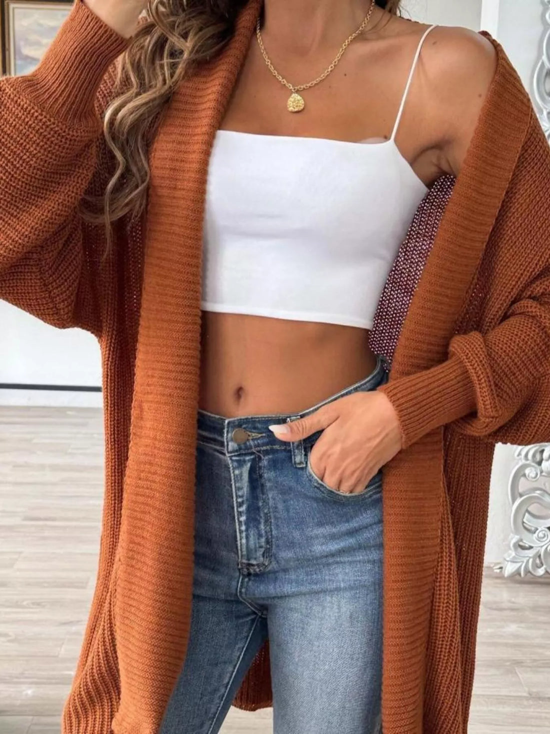 Plus Size Ribbed Open Front Long Sleeve Cardigan Caramel / S