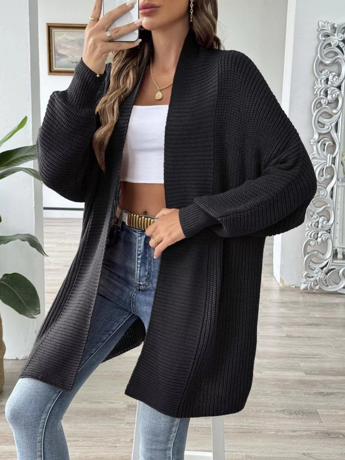 Plus Size Ribbed Open Front Long Sleeve Cardigan
