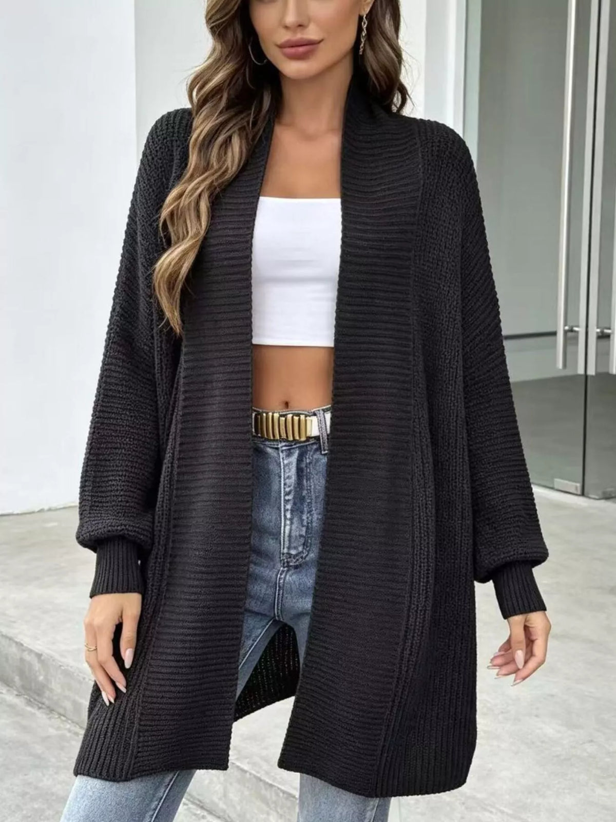 Plus Size Ribbed Open Front Long Sleeve Cardigan Black / S
