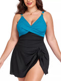 Plus Size Ruched One Piece Swim Dress Black + Peacock Green / L