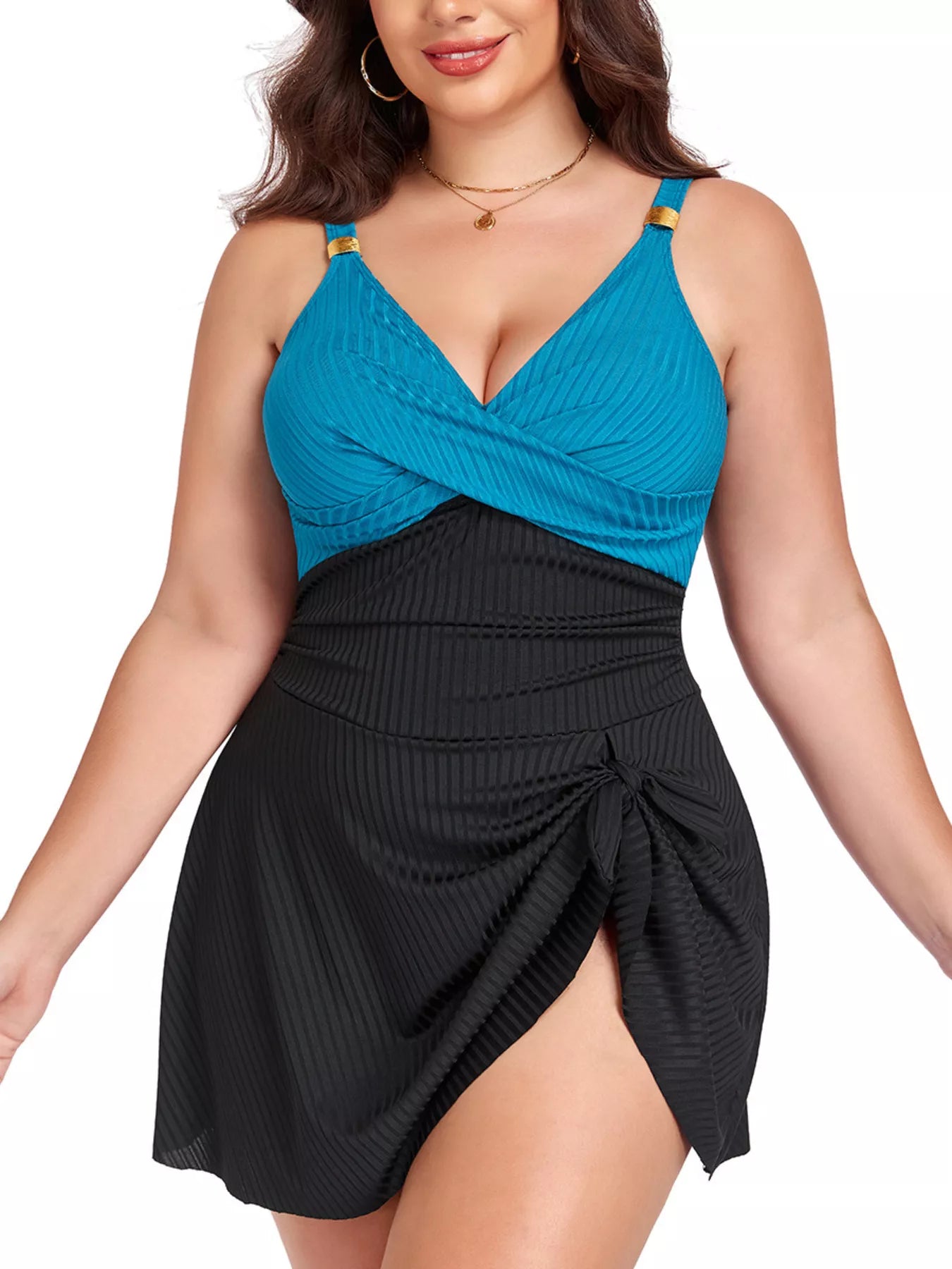 Plus Size Ruched One Piece Swim Dress Black + Peacock Green / L