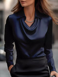 Plus Size Satin Blouse Dark Blue / S