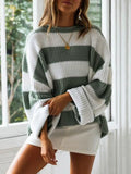 Plus Size Striped Round Neck Sweater Green / S