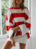 Plus Size Striped Round Neck Sweater Red / S