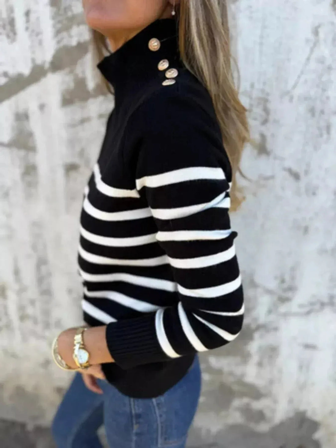 Plus Size Striped Turtleneck Sweater for Women Black / S