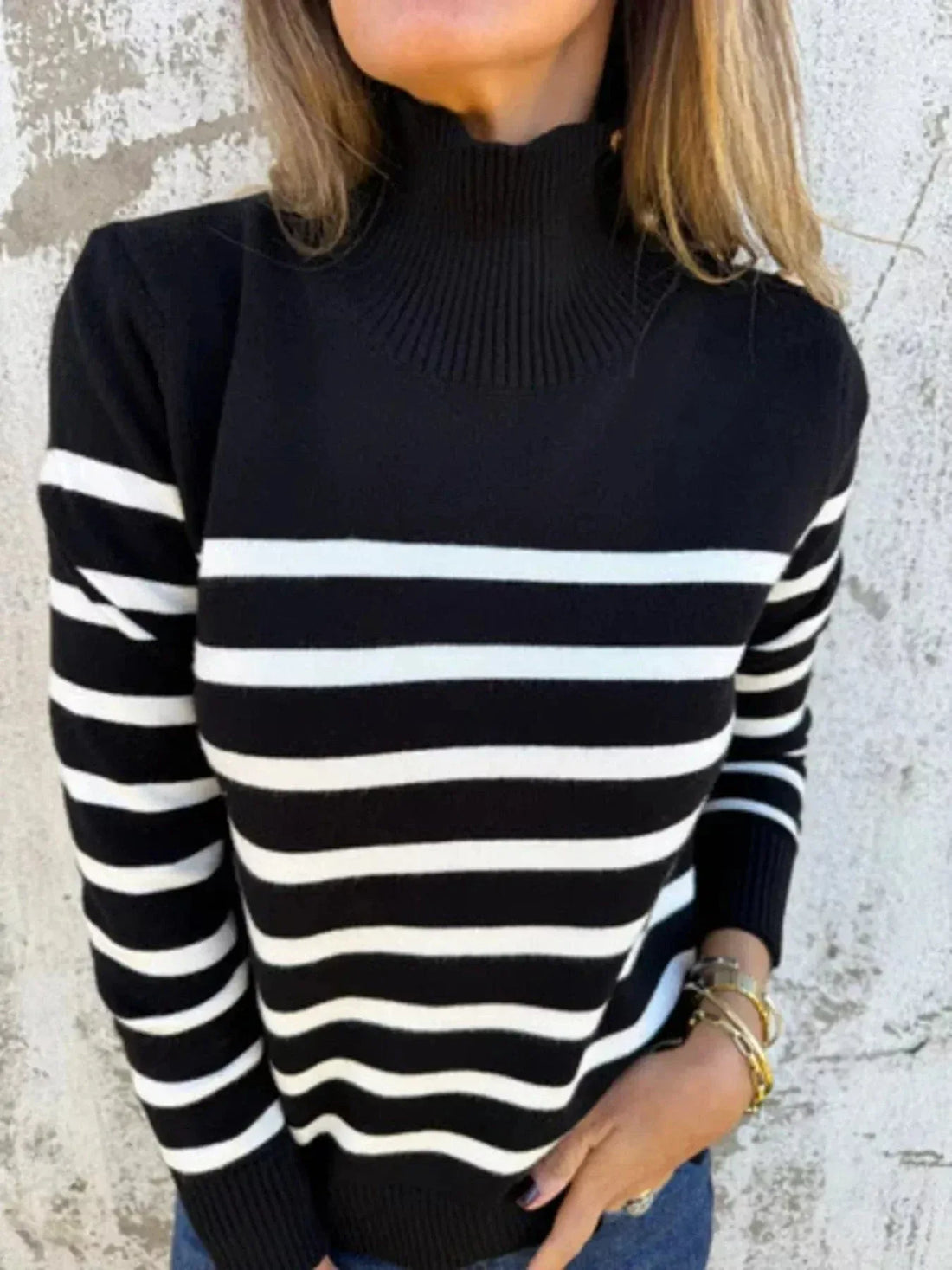 Plus Size Striped Turtleneck Sweater for Women Black / S