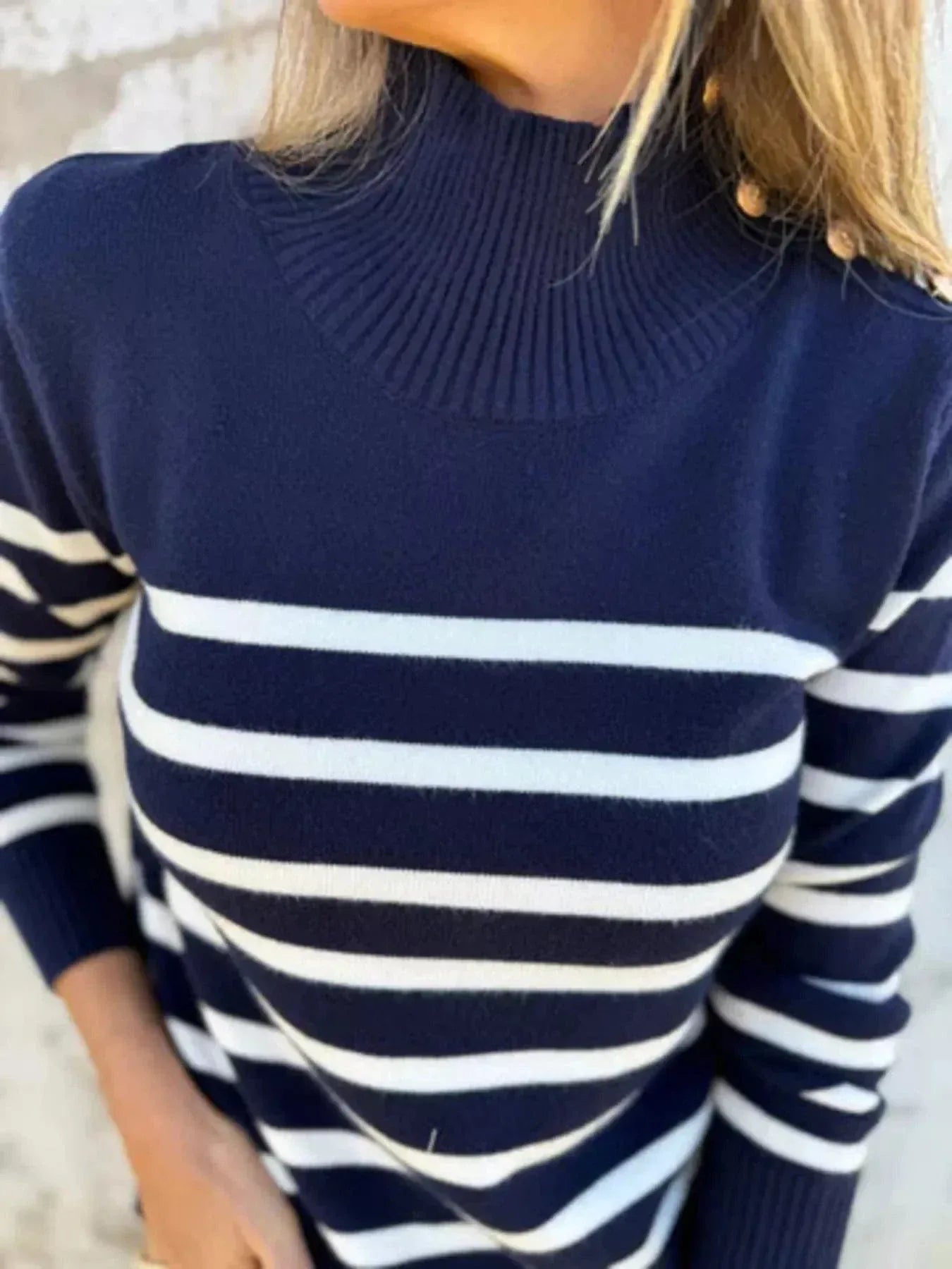 Plus Size Striped Turtleneck Sweater for Women Dark Blue / S