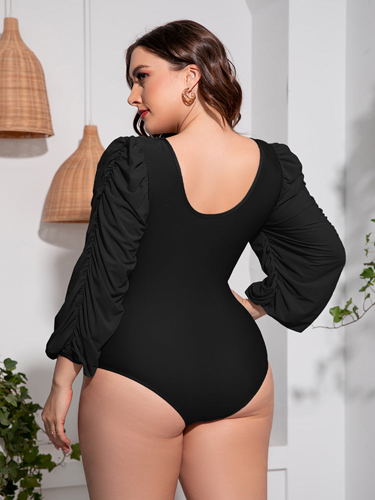 Balloon Sleeve One Piece Swimsuit Black / 2XL