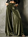 Plus Size High-Waisted Velvet Wide-Leg Pants Army Green / S