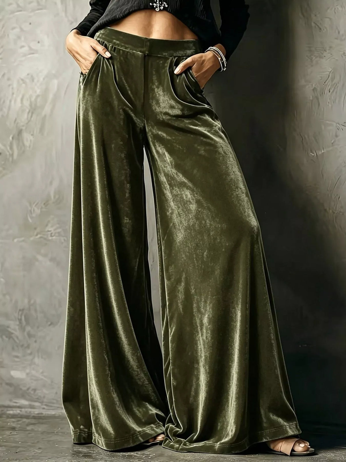 Plus Size High-Waisted Velvet Wide-Leg Pants Army Green / S
