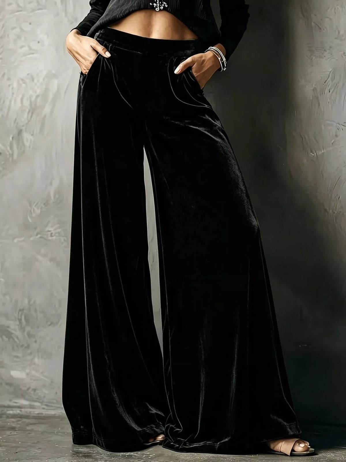 Plus Size High-Waisted Velvet Wide-Leg Pants Black / S