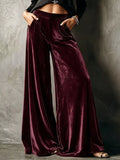 Plus Size High-Waisted Velvet Wide-Leg Pants Burgundy / S