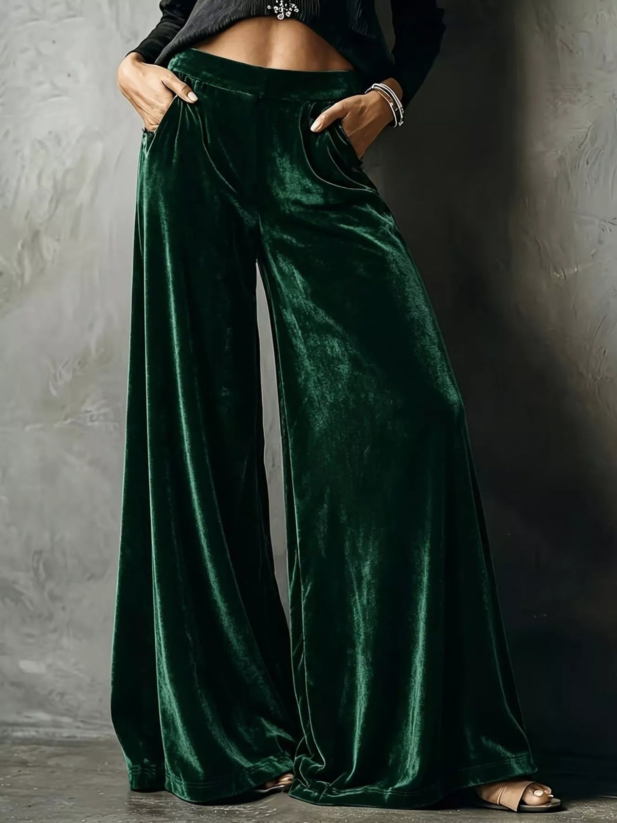 Plus Size High-Waisted Velvet Wide-Leg Pants Green / S