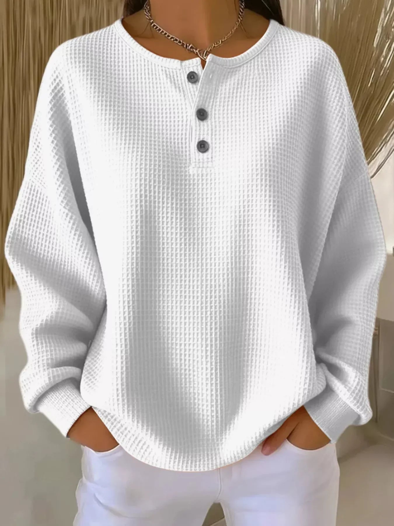 Plus Size Waffle Knit Button Top Gray/white / S