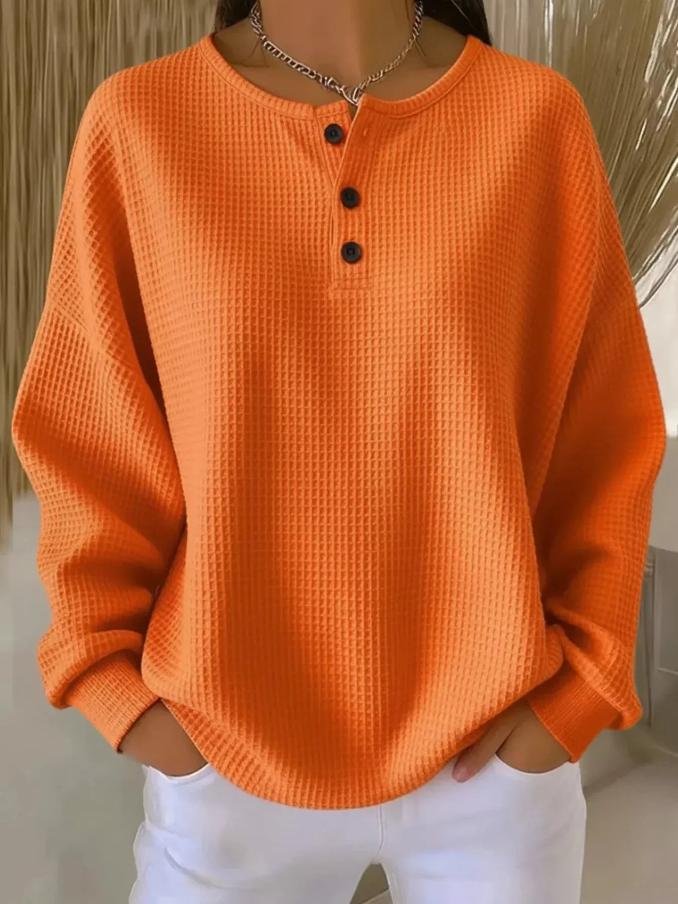 Plus Size Waffle Knit Button Top Orange / S