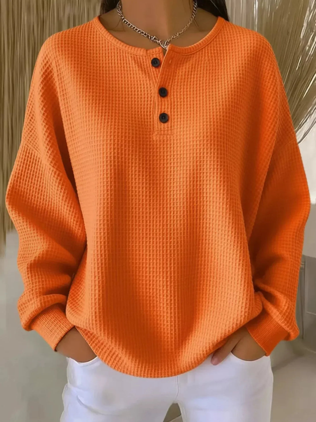 Plus Size Waffle Knit Button Top Orange / S