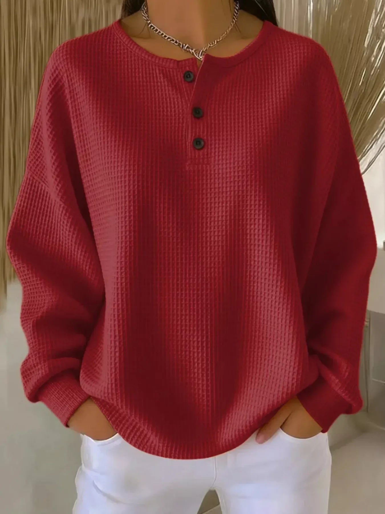 Plus Size Waffle Knit Button Top Red / S