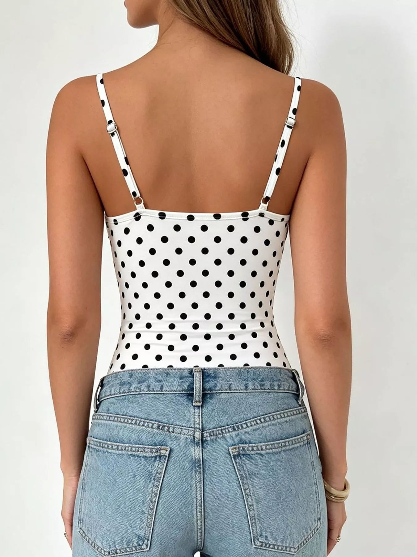 Polka Dot Cowl Neck Spaghetti Strap Bodysuit