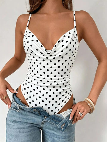 Polka Dot Cowl Neck Spaghetti Strap Bodysuit White / S