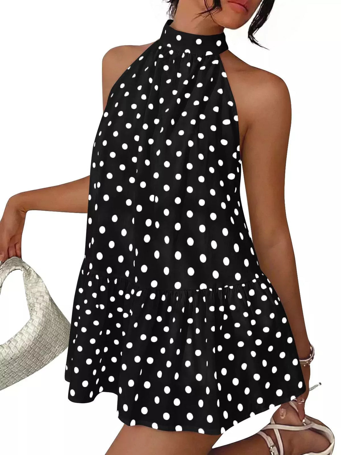 Polka Dot Halter Neck Mini Dress Black / S