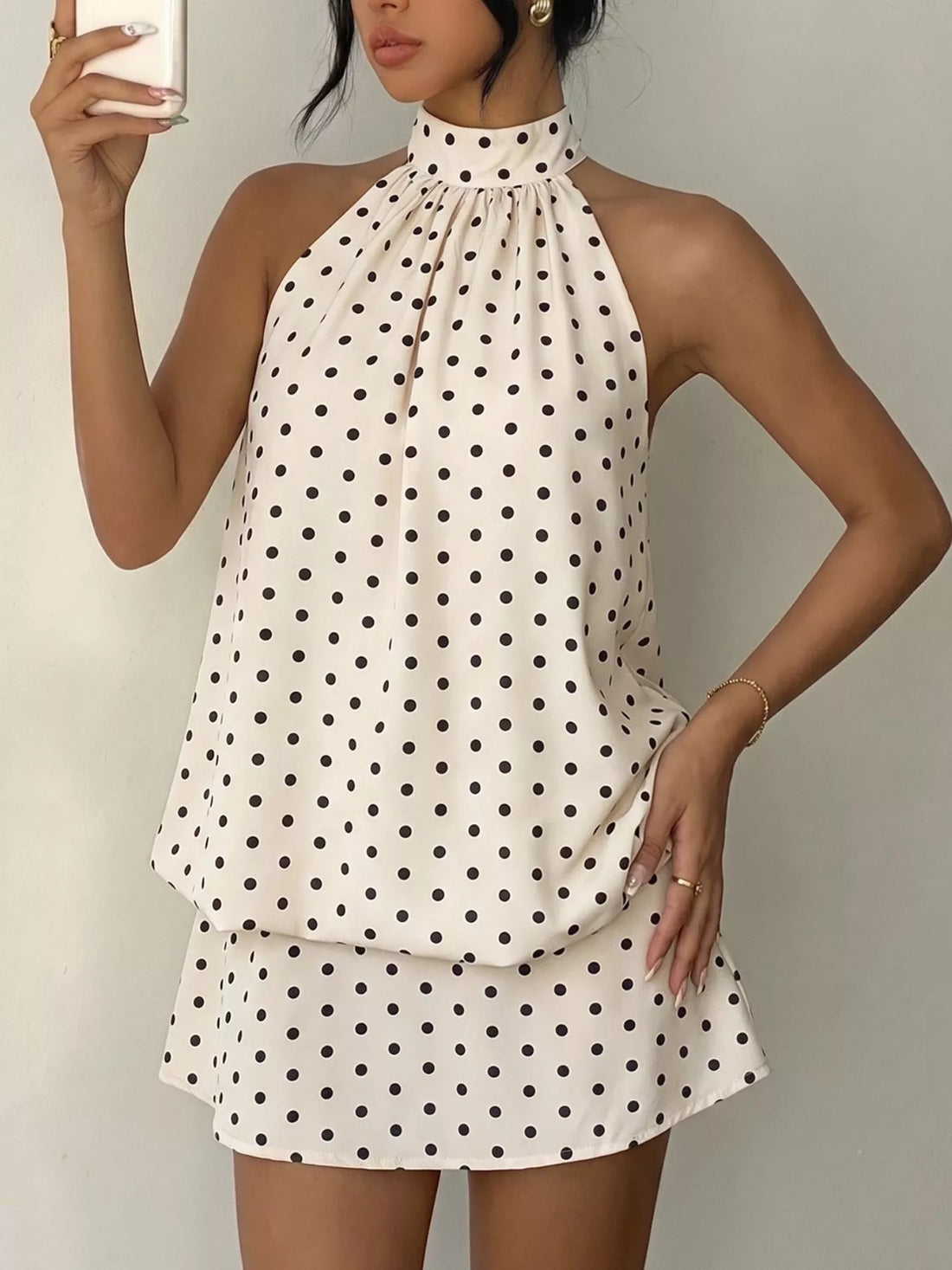 Polka Dot Halter Neck Mini Dress Apricot / S