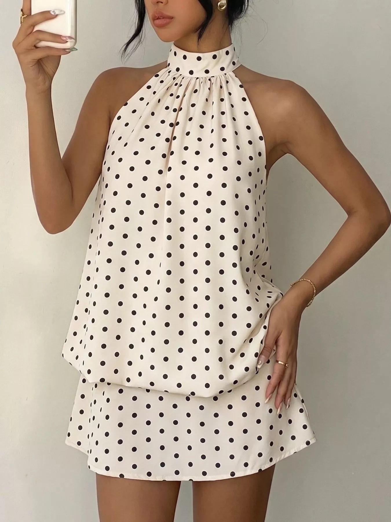 Polka Dot Halter Neck Mini Dress Apricot / S