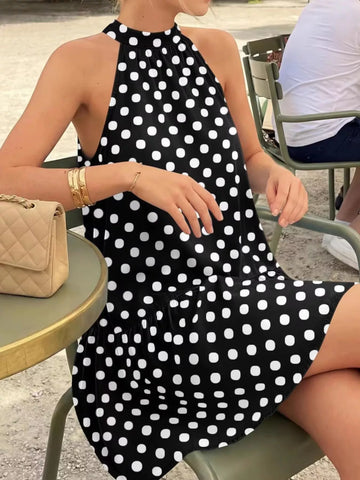 Polka Dot Halter Neck Mini Dress Black / S