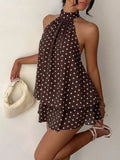 Polka Dot Halter Neck Mini Dress Coffee Brown / S