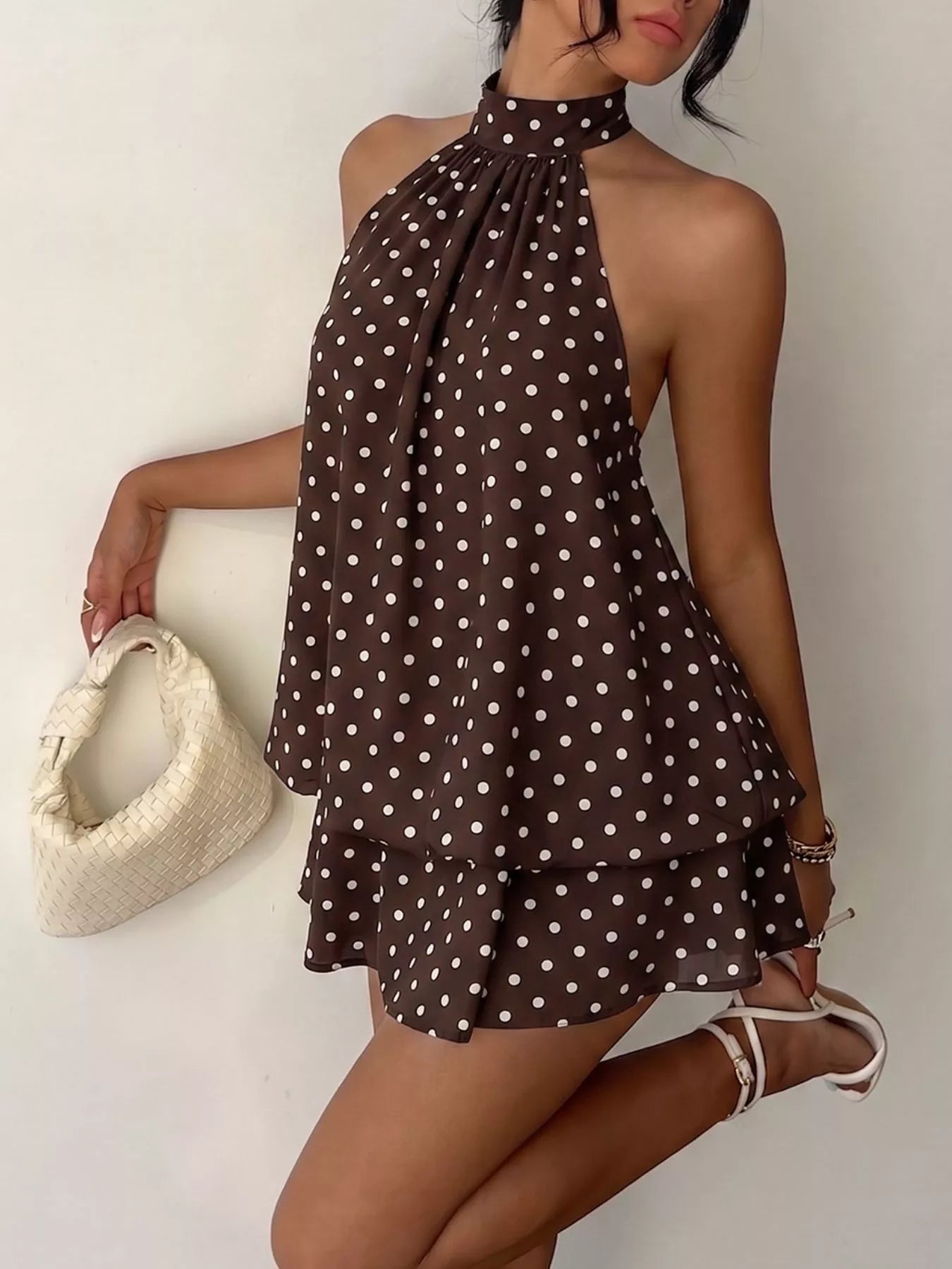 Polka Dot Halter Neck Mini Dress Coffee Brown / S