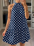 Polka Dot Halter Neck Mini Dress Navy Blue / S