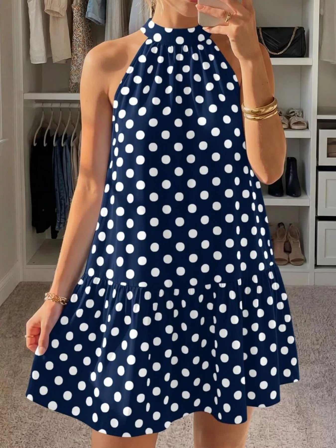 Polka Dot Halter Neck Mini Dress Navy Blue / S