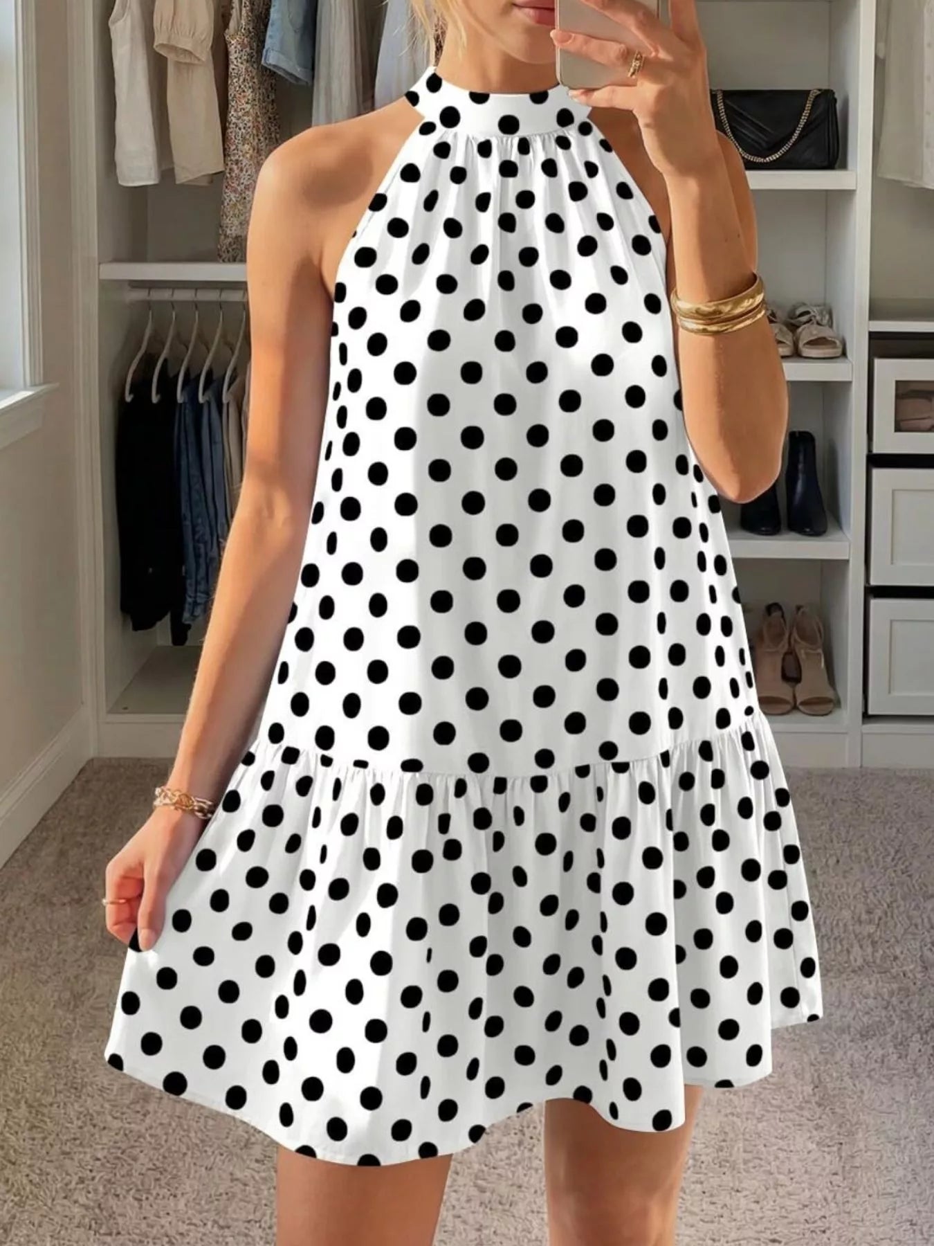 Polka Dot Halter Neck Mini Dress White / S