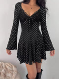 Polka Dot Lace Trimmed V-Neck Mini Dress