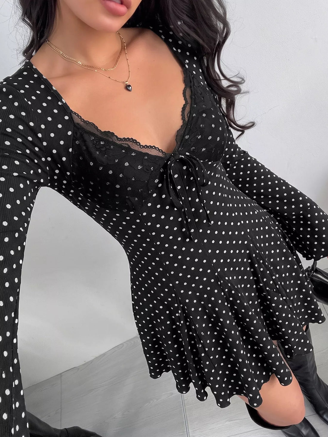 Polka Dot Lace Trimmed V-Neck Mini Dress Black / S
