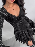Polka Dot Lace Trimmed V-Neck Mini Dress