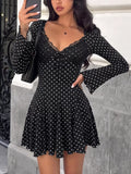 Polka Dot Lace Trimmed V-Neck Mini Dress Black / S