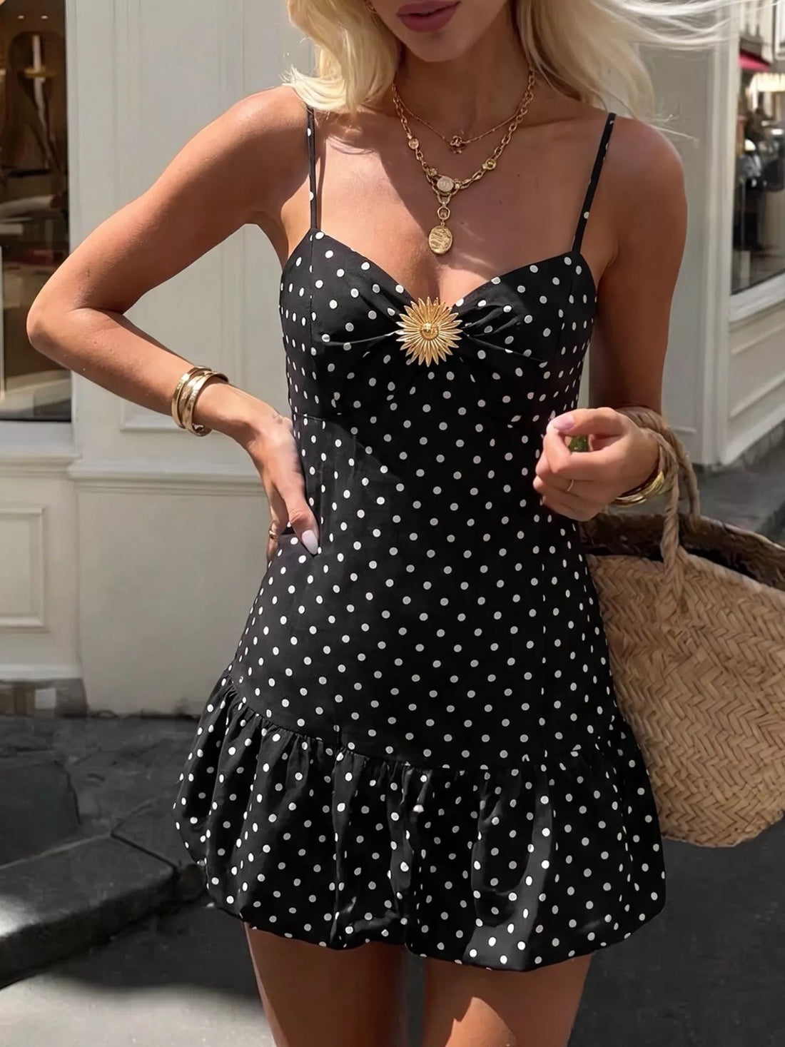 Polka Dot Ruffle Hem Spaghetti Strap Dress Black / S