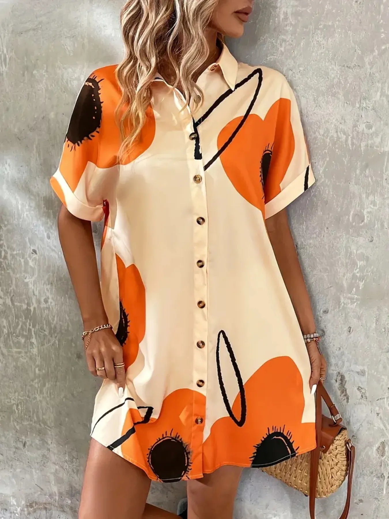 Printed Button-Front Shirt Dress Tan / S