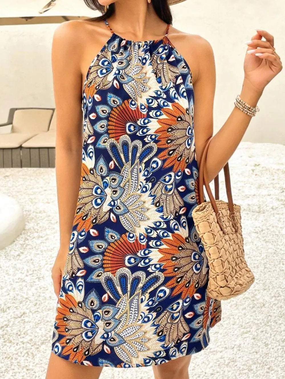Printed Grecian Neck Mini Dress Navy / S