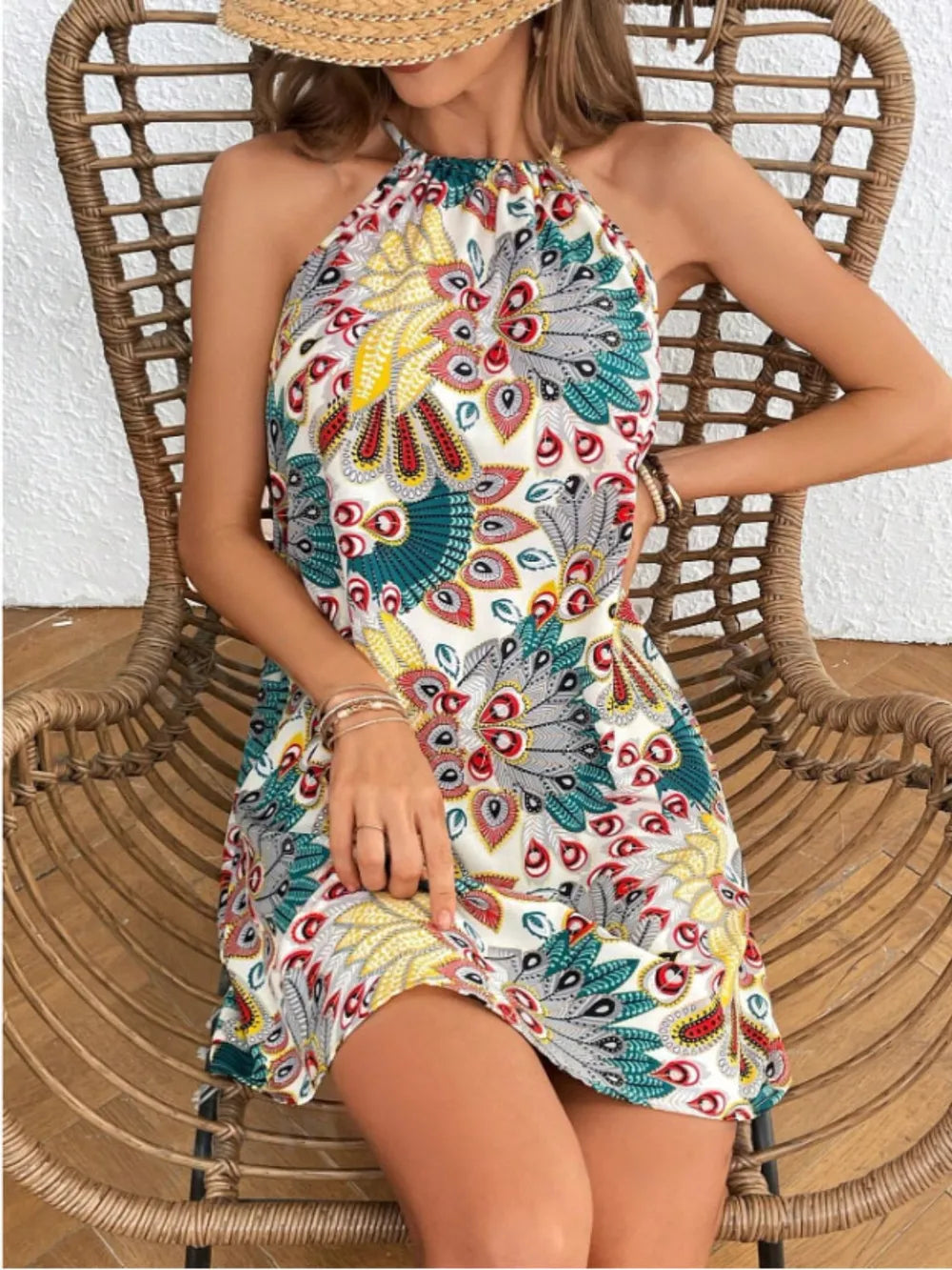 Printed Grecian Neck Mini Dress Turquoise / S
