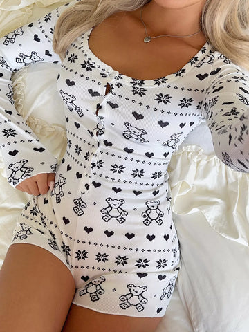 Printed Long Sleeve Romper Gray/white / S
