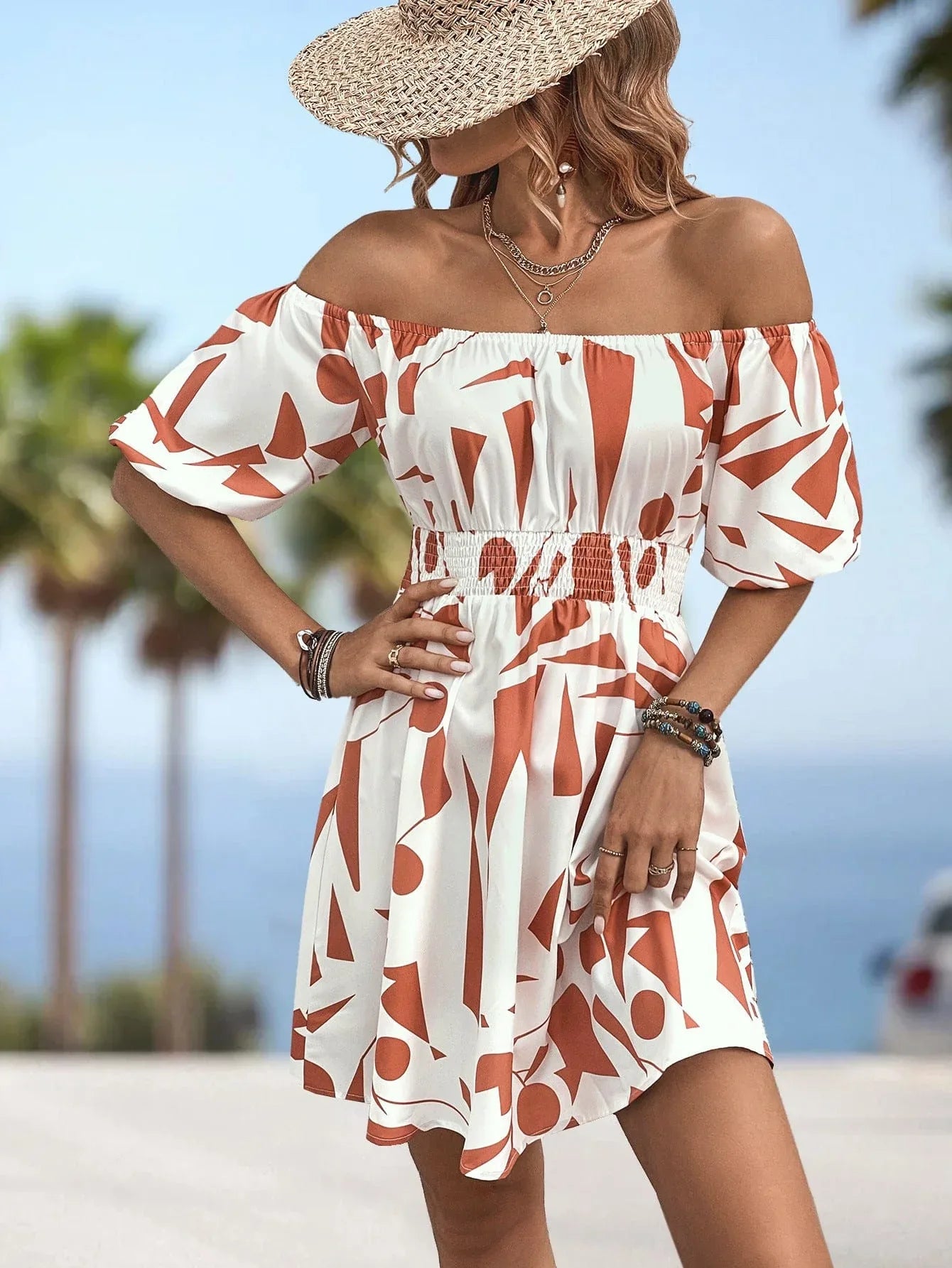 Off-Shoulder Smocked Waist Dress