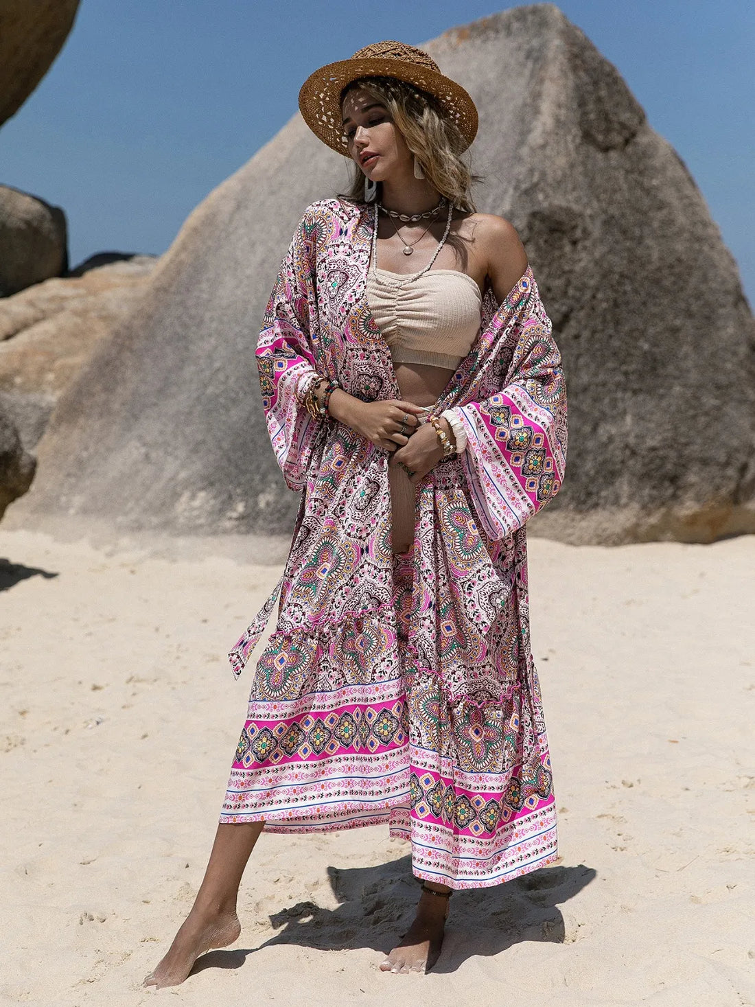 Printed Open Front Cover Up Pink / S