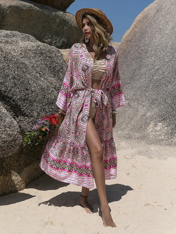 Printed Open Front Cover Up Pink / S