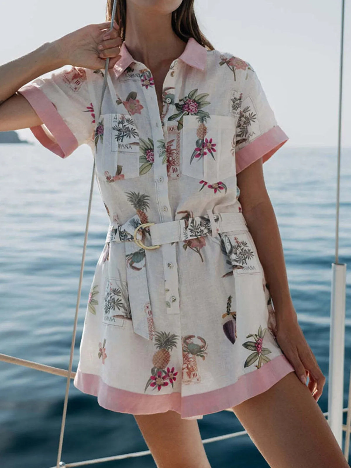 Printed Belted Short-Sleeve Romper