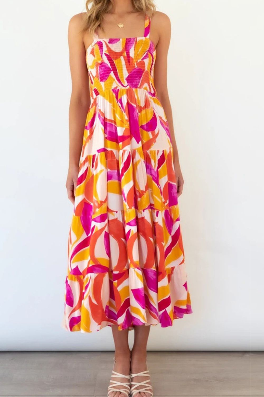 Printed Smocked Square-Neck Tiered Dress - product view 4