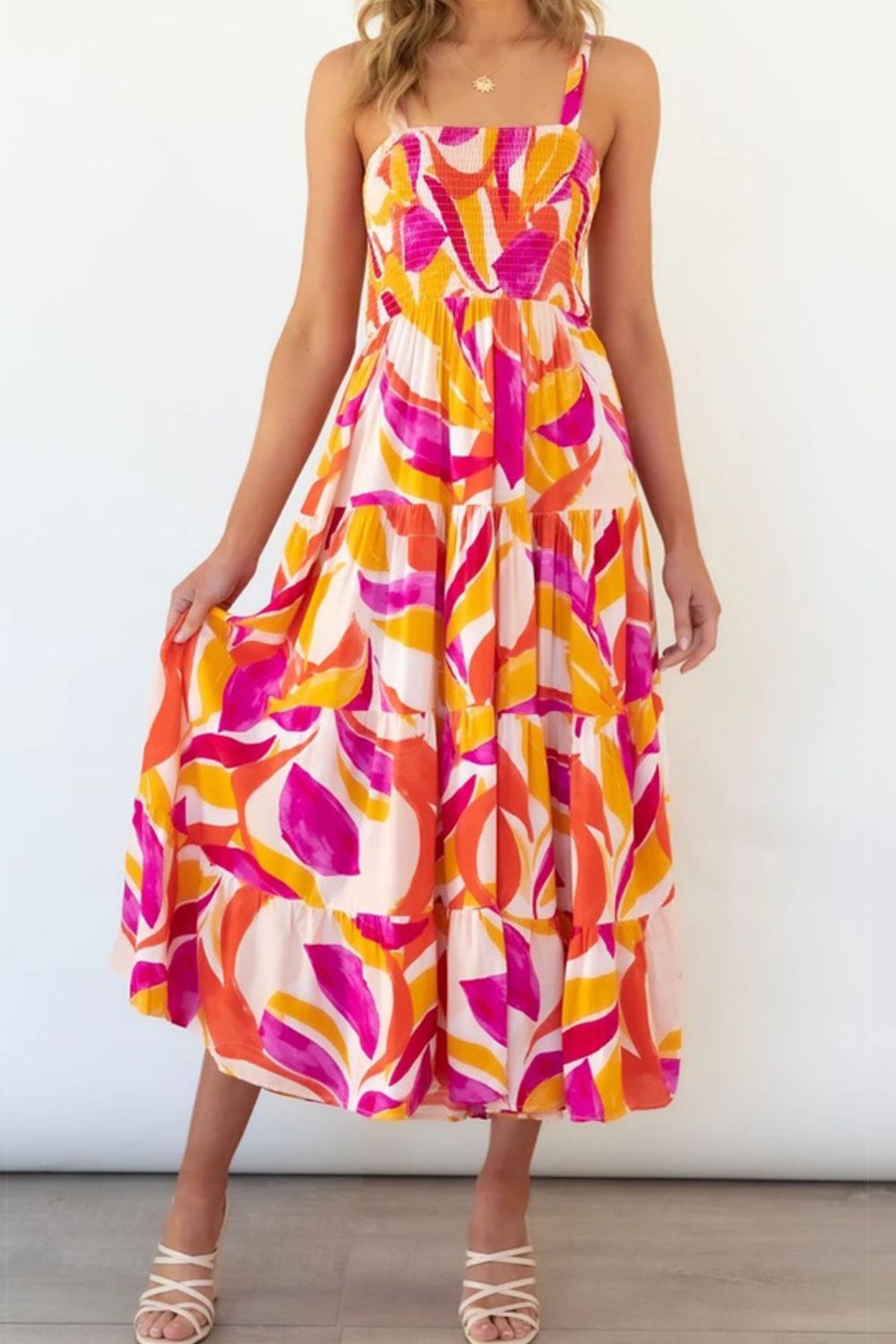 Printed Smocked Square-Neck Tiered Dress - product view 1