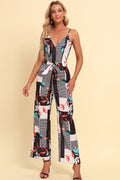 Printed Spaghetti Strap Tied Jumpsuit White / S