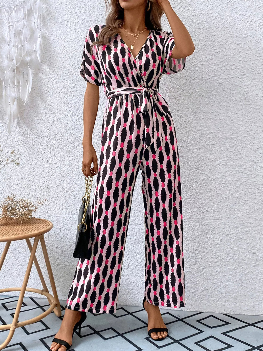 Printed Surplice Tie Waist Short Sleeve Jumpsuit Dusty Pink / S